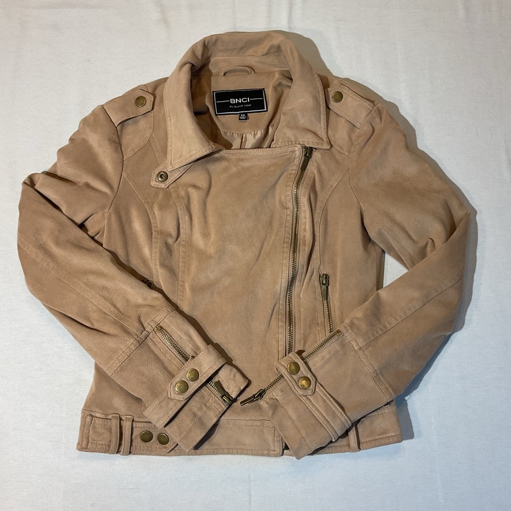 BNCI by Blanc Noir Tan Biker Jacket Brown Suede Moto Collar Pocket, Size XS